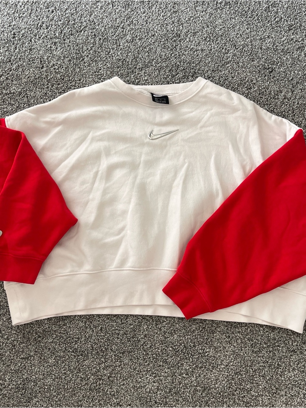 Nike White Crewneck Sweatshirt with Red Sleeves and Silver Swoosh